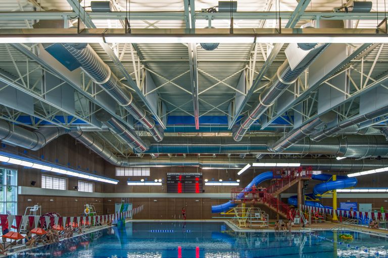 Water slides and water play place in indoor pool