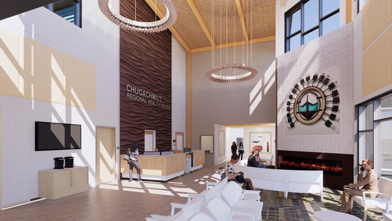 Rendering of lobby with decorative chandeliers
