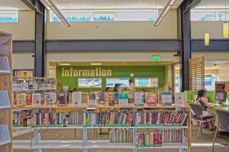 Brightly lit library shelving