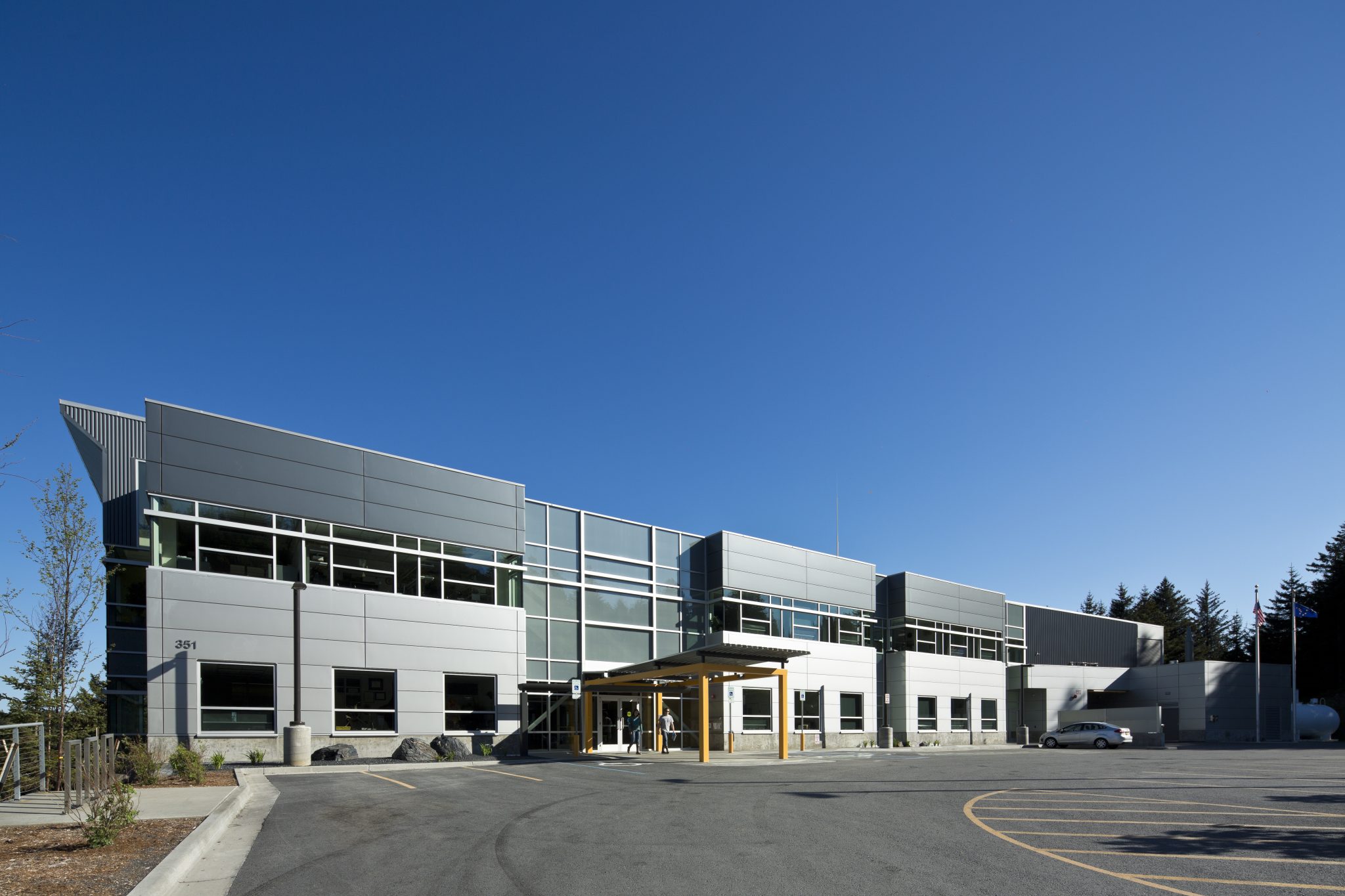 Multistory building with gray tiled walls
