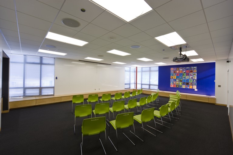Brightly lit presentation room