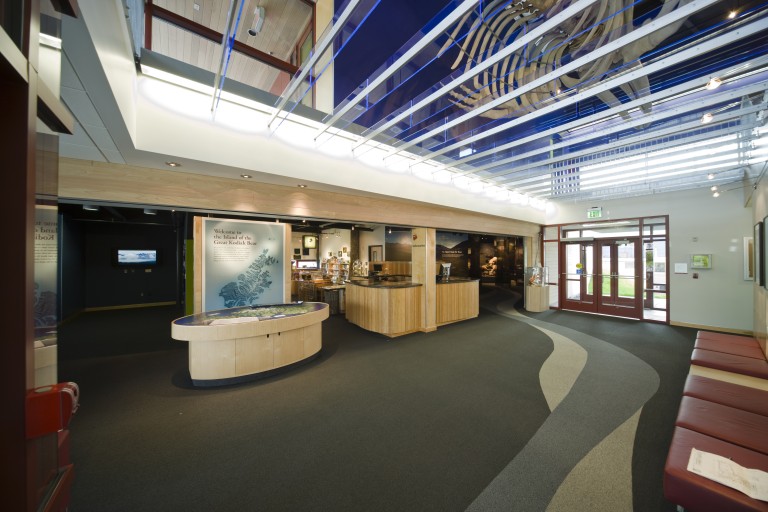 Brightly lit museum display entryway