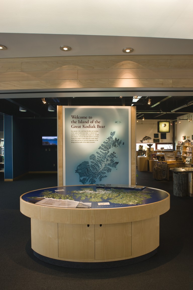 Brightly lit museum display of Kodiak Bear island